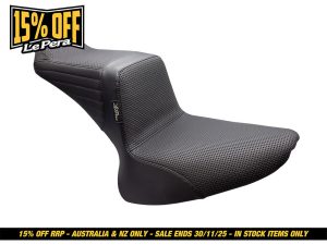 Vintage black motorcycle seat with textured grip for Revelry Motorcycles in Australia.