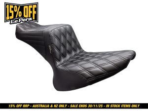 Black quilted motorcycle seat designed for Revelry Motorcycles, high-quality leather with diamond stitching.