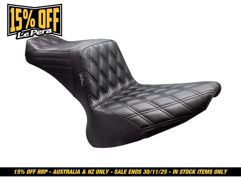TailWhip Dual Seat - Double Diamond. Fits Softail 2000-2017 with 130 or 150 OEM Rear Tyre. Black quilted motorcycle seat designed for Revelry Motorcycles, high-quality leather with diamond stitching.