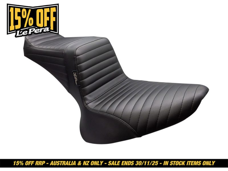 TailWhip Dual Seat - Pleated. Fits Softail 2000-2017 with 130 or 150 OEM Rear Tyre. Black motorcycle seat with quilted stitching, designed for Harley Davidson bikes.