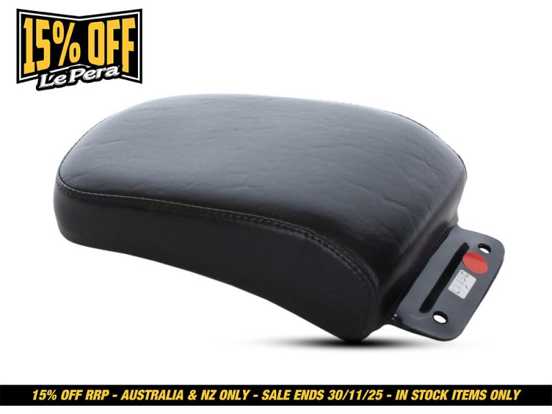 Black motorcycle seat cushion with mounting bracket for Revelry Motorcycles.