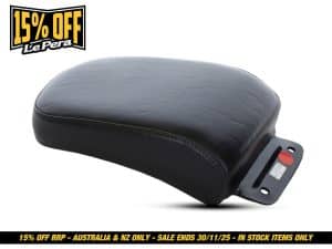 Black motorcycle passenger seat with mounting bracket for Revelry Motorcycles.