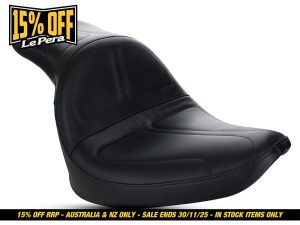 Comfortable black motorcycle seat for Revelry Motorcycles, ideal for touring and city riding.