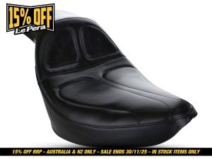 High-quality black motorcycle seat for Revelry Motorcycles, designed for rider comfort and style.