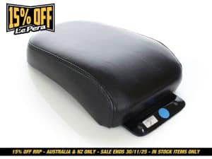 Motorcycle passenger seat black leather for Revelry Motorcycles.