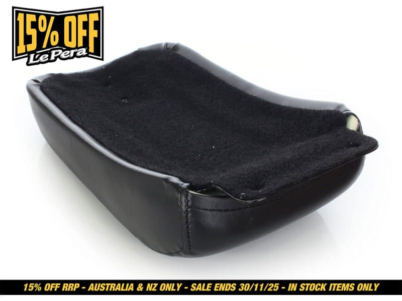 Black motorcycle rider seat with foam padding, durable leather cover, ideal for custom Harley bikes.