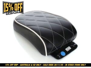 Leather motorcycle seat with diamond quilting, suitable for custom bikes and replacements.