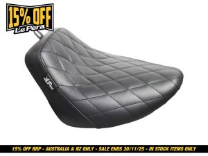 Leather motorcycle seat with quilted design for enhanced comfort and style.