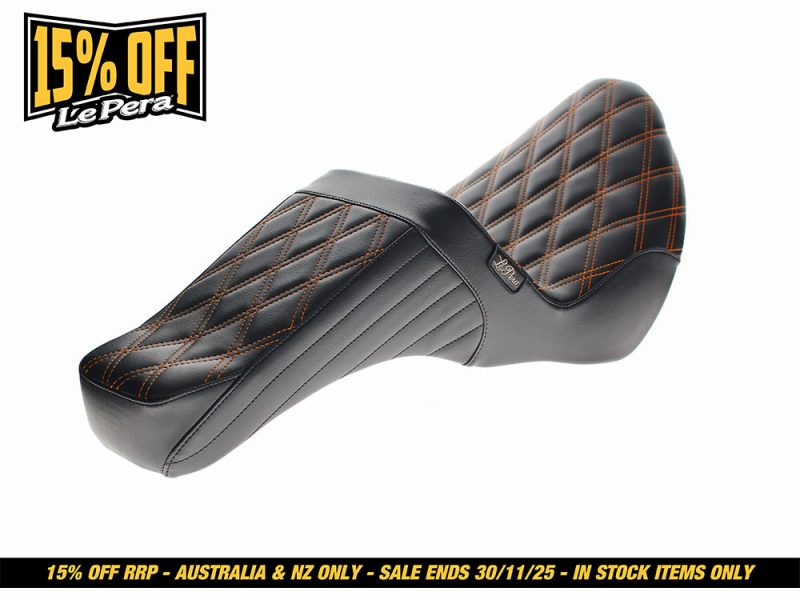 Leather motorcycle seat with quilted black and orange stitching for Revelry Motorcycle bikes.