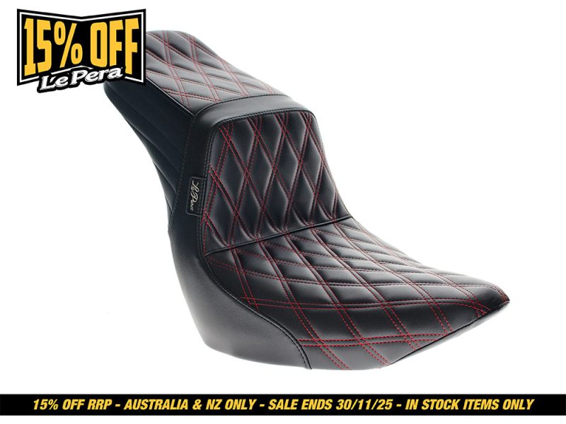 Retro motorcycle seat with black and red diamond stitching, Revelry Motorcycles Australia.