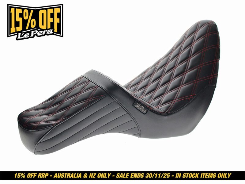 Premium black motorcycle seat with red diamond stitching for enhanced comfort and style.