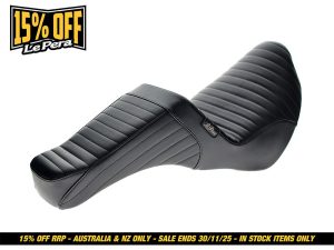 Black motorcycle seat with tailored stitching and leather finish for Revelry Motorcycles.