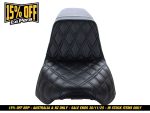 Black quilted motorcycle seat for Revelry Motorcycles, premium comfort and style.