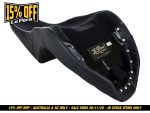 Rider saddle seat for motorcycles with black leather and plush padding, suitable for comfort and style.