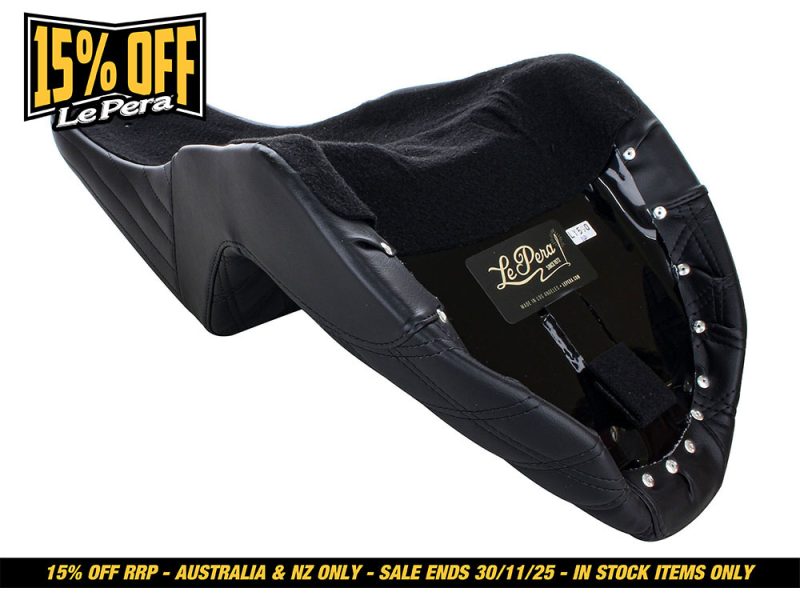 Rider saddle seat for motorcycles with black leather and plush padding, suitable for comfort and style.