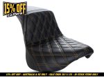 Black motorcycle seat with yellow stitching, suitable for Revelry Motorcycles.