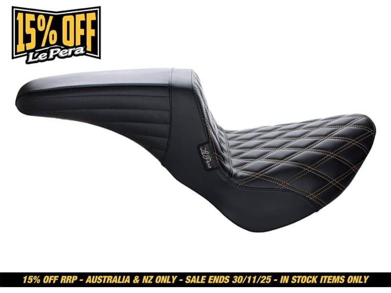 Premium black motorcycle seat with diamond stitch quilting, ideal for Revelry Motorcycles.