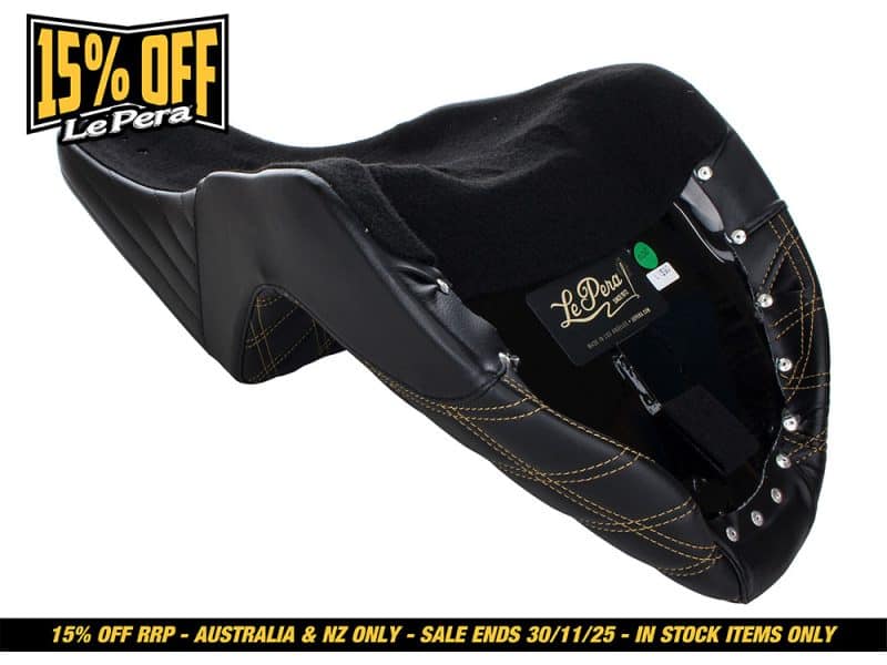High-quality motorcycle seat with black leather and plush cushioning for comfort and style.