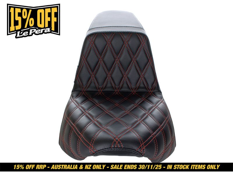 Luxury black motorcycle seat with red quilted stitching, comfortable and stylish for Revelry Motorcycles riders.