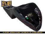 Leather motorcycle cockring seat with black padding and red stitching, ideal for Revelry Motorcycle accessories.