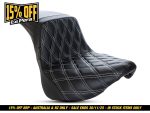 Comfortable black quilted motorcycle seat with white stitching for Revelry Motorcycles.
