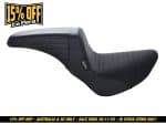 Black motorcycle seat with stitching detail, ideal for motorcycle upgrades and comfort.