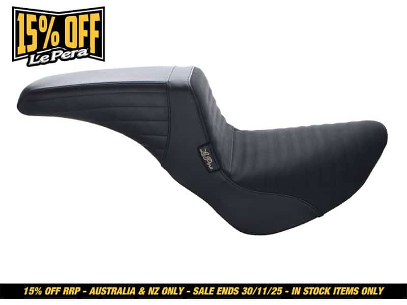 Black motorcycle seat with stitching detail, ideal for motorcycle upgrades and comfort.