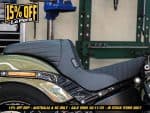 Revelry Motorcycles custom solo motorcycle seat with durable black leather and stylish stitching, perfect for cruiser bikes.