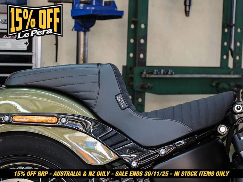 Revelry Motorcycles custom solo motorcycle seat with durable black leather and stylish stitching, perfect for cruiser bikes.
