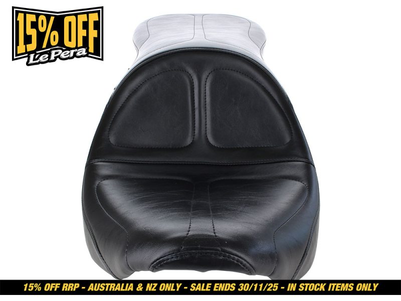 Comfortable black leather motorcycle seat for Revelry Motorcycles.
