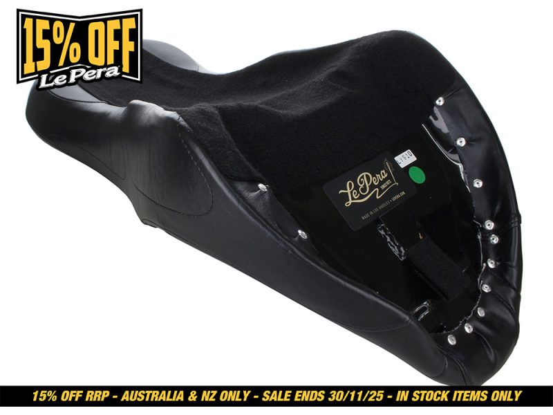 Leather motorcycle seat for Revelry Motorcycles, custom black performance seat.