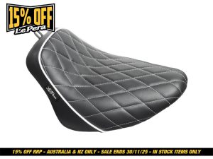 Comfortable black motorcycle seat with white stitching for Revelry Motorcycles accessories.