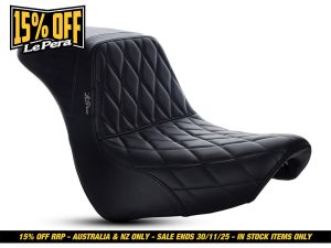Leather motorcycle seat in black with quilted stitching, designed for Revelry Motorcycles.