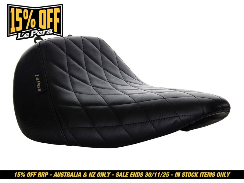 Black quilted leather motorcycle seat for Revelry Motorcycles in Australia.