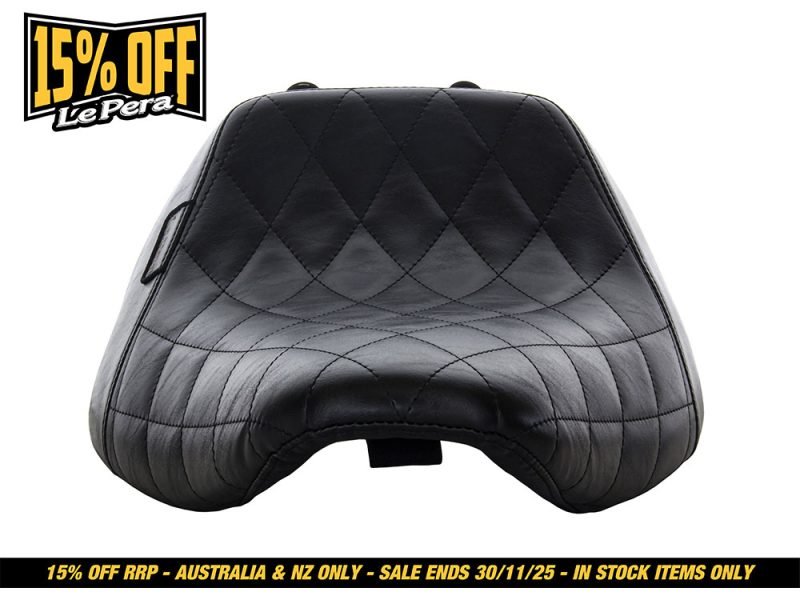 Revelry motorcycle seat in black quilted leather for enhanced comfort and style.