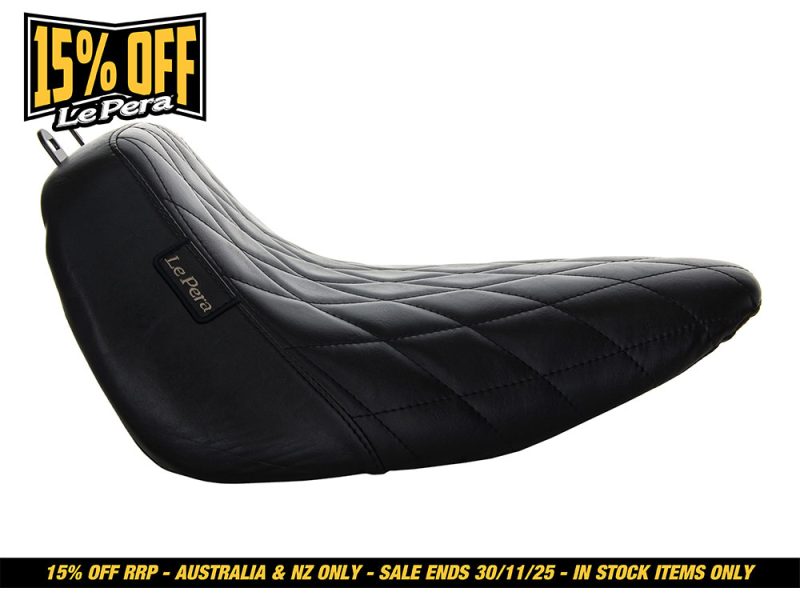 Le Pera motorcycle seat, black leather, for Harley-Davidson, custom cafe racer style.