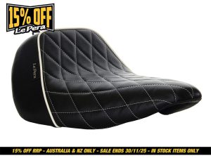 Comfortable black leather motorcycle seat with diamond stitching for Revelry Motorcycles.