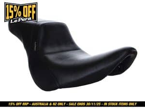 15% off leather motorcycle seat from Revelry Motorcycles Australia, perfect for cruiser and custom bikes.