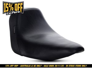 Black motorcycle comfort seat for Revelry Motorcycles, Australian made, premium leather.
