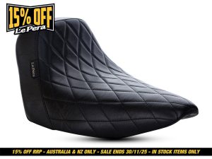 Leather motorcycle seat with quilted black design for Revelry Motorcycles.