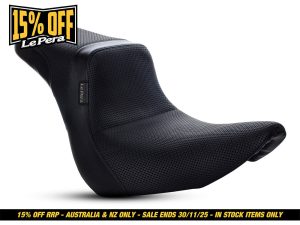 Leather motorcycle seat with perforated design for Revelry Motorcycles Australia.