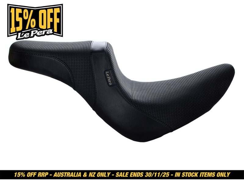Black motorcycle seat with textured surface for Revelry Motorcycles and custom bikes.