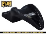 Black motorcycle seat with side studs for Revelry Motorcycles.