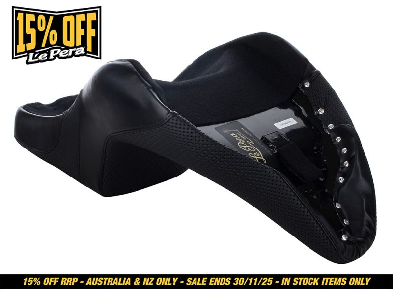 Black motorcycle seat with side studs for Revelry Motorcycles.
