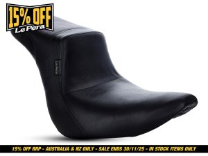 High-quality black motorcycle seat from Revelry Motorcycles for enhanced riding comfort and style.