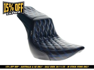 Leather motorcycle seat with black and blue diamond stitching for Revelry bikes, Australian brand.
