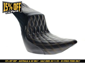 Revelry motorcycle seat with diamond stitching for Harley Davidson motorcycles.