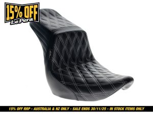 Premium black quilted motorcycle seat with white stitching for Revelry Motorcycles Australia.