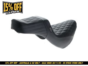 Black quilted motorcycle seat, ideal for custom Revelry Motorcycles and cruisers.