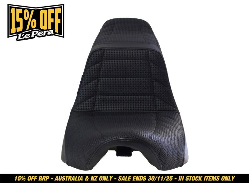Black motorcycle seat with textured grip and ergonomic design for Revelry Motorcycles.